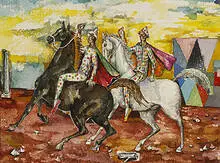Fred Jones, Two Harlequins on Horseback, watercolor on paper