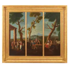 Continental School, Village scenes (three in an integrated frame), all oil on canvas