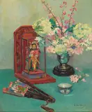 G. Guillor, A still life with a Japanese figurine, a fan and spring blossoms in a vase, oil on canvas