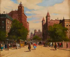 Antal Berkes, A busy street scene, oil on canvas