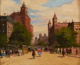 Antal Berkes, A busy street scene, oil on canvas
