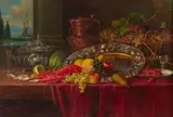 Eduard Huber-Andorf, An elaborate still life of fruit and a lobster on a draped table, oil on canvas