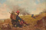 Domingo F. Periconi, A bugler seated by a fire with troops beyond, oil on canvas