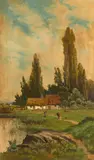 J. Claude Durand, A cottage with cows in a rural landscape, oil on canvas