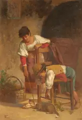 Carlo Valensi, Playing with the cat, oil on canvas