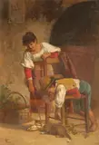 Carlo Valensi, Playing with the cat, oil on canvas