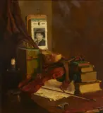 Continental School, A still life with books, sheet music and violin on a desk