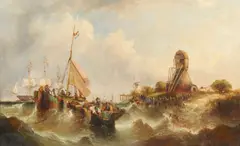 William Callcott Knell, Fishermen on rough seas near the shore, oil on canvas