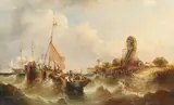 William Callcott Knell, Fishermen on rough seas near the shore, oil on canvas