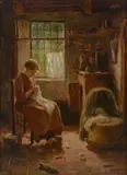Evert Pieters, A cottage interior with a mother and her child, oil on panel