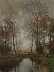 Arnold Marc Gorter, A tranquil river landscape with cattle watering in the distance, oil on canvas