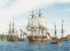 Mark Richard Myers, H.M.S. Discovery arrives Friendly Cove, August 28, 1792, watercolor on paper
