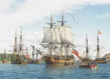 Mark Richard Myers, H.M.S. Discovery arrives Friendly Cove, August 28, 1792, watercolor on paper