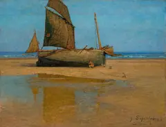 Gustav Schönleber, Ebbe in De Panne, 1901, Öl auf Malkarton, auf Hartfaser aufgezogen