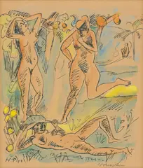 Komposition (mit drei Palauakten) by Max Pechstein, 1918, Lithografie auf festem Papier, handkoloriert, sold Mar 2022