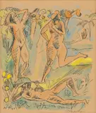 Max Pechstein, Komposition (mit drei Palauakten), 1918, Lithografie auf festem Papier, handkoloriert