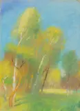 Lesser Ury, Birkenwald im Frühling“. 1890er-Jahre, Pastell auf Pappe