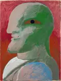 Kopf auf rotem Grund. (Vor) 1972 by Horst Antes, Acryl über weißer Kreide und Bleistift auf Papier, auf Leinwand aufgezogen, sold Nov 2012