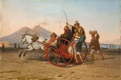 Franz Ludwig Catel, Ein Kapuzinermönch wird in einer neapolitanischen Carrete im Hafen von Neapel gefahren, 1823, Öl auf Holz