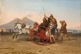 Franz Ludwig Catel, Ein Kapuzinermönch wird in einer neapolitanischen Carrete im Hafen von Neapel gefahren, 1823, Öl auf Holz
