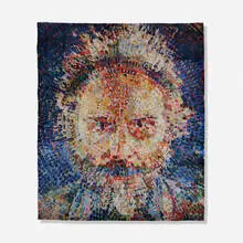 Lucas/Rug (unapproved color variant) by Chuck Close, 1993, Hand loomed silk on linen warp, sold Feb 2020