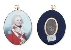 Frederick Buck, An Officer, wearing scarlet coatee with silver epaulettes and buttons, cream facings with silver braid, black stock and frilled white cravat, a white cross belt with belt-plate across his chest, his hair powdered., Engraved yellow metal frame oval, the reverse with gold initials PAB on plaited brown hair,