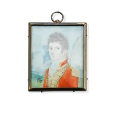 B. Hott, An Officer of the 1st Foot Guards, wearing scarlet coatee with gold facings and epaulette, the high collar trimmed with gold braid, frilled white chemise, in a landscape setting, a horseman visible to the left., Rectangular,