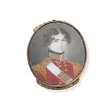 English School, An Officer of the 7th Royal Fusiliers, wearing scarlet coatee with gold buttons, epaulettes and high collar, a white belt with belt-plate across his chest.