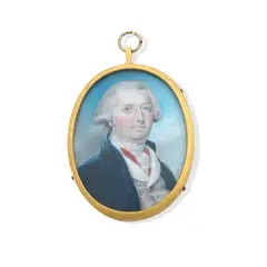 Thomas Arrowsmith, A Gentleman, wearing blue coat over white waistcoat, red solitaire and tied white cravat, his hair curled and powdered, signed and dated on the reverse 'T. Arrowsmith 1796/ April', oval gilt-metal frame,
