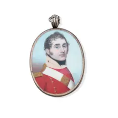 Frederick Buck, An Officer of the 12th Foot, called John Morgan, wearing scarlet coatee with gold epaulette and buttons, high cream-coloured collar and black stock, white belt with belt plate across his chest, yellow metal oval frame, the rear with initials 'JM' and platted hair,
