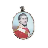 Frederick Buck, An Officer of the 12th Foot, called John Morgan, wearing scarlet coatee with gold epaulette and buttons, high cream-coloured collar and black stock, white belt with belt plate across his chest, yellow metal oval frame, the rear with initials 'JM' and platted hair,