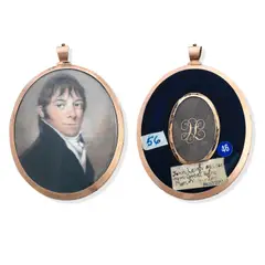 John Turmeau, Called John Leigh, wearing black coat over white waistcoat and tied white cravat, yellow metal oval frame, the rear with initials and platted hair, and applied paper label inscribed 'John Leigh AET 1764 from great Holme manor, Ganton Hurter'