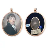 John Turmeau, Called John Leigh, wearing black coat over white waistcoat and tied white cravat, yellow metal oval frame, the rear with initials and platted hair, and applied paper label inscribed 'John Leigh AET 1764 from great Holme manor, Ganton Hurter'