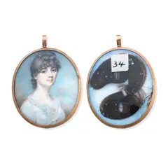 Charles Hayter, A Lady, wearing white dress, her brown hair curled and upswept, oval yellow metal frame, the rear with arranged hair,