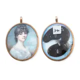 Charles Hayter, A Lady, wearing white dress, her brown hair curled and upswept, oval yellow metal frame, the rear with arranged hair,