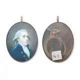 English School, A Gentleman, called Mr Perigal, wearing blue coat with brass buttons over frilled white cravat, his curled and powdered hair worn en queue, yellow metal oval frame, the rear with plated hair,