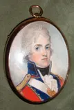 An Officer, wearing red coatee with blue collar and facings trimmed with gold braid, gold epaulettes, a white belt with belt-plate across his chest, frilled white chemise and black stock, his hair powdered, gilt metal oval frame, by junior Manner of Henry Jacob Burch, sold Sep 2020