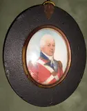 Frederick Buck, An Officer, called Michael Taylor, wearing scarlet coatee with gold epaulettes, blue facings and collar trimmed with gold braid, tied white stock and cross-belts with oval gilt cross belt plate, gilt-metal mounted papier-mache oval frame,