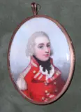 Frederick Buck, An Officer, wearing scarlet coatee with silver buttons, braid and epaulette, over frilled white chemise and tied black stock, his hair powdered, yellow metal oval frame, the rear with aranged hair and the initials 'AC',