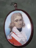 English School, An Officer of the Marines, wearing scarlet coatee with cream facings and silver epaulette, a white cross belt with cross belt-plate across his chest, frilled white cravat and tied black stock, his powdered hair worn en queue, yellow metal oval frame,