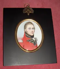 Frederick Buck, General Thomas Kenner (d.1868), wearing scarlet coatee with silver epaulettes and buttons, black facings trimmed with silver braid, ruffled white cravat and high black stock, rectangular papier-mache frame, oval,