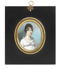 George Engleheart, A Lady, wearing white dress, pearl jewellery, her brown hair curled and upswept, rectangular papier-mache frame, oval, 9 x 7.5cm (3 9/16 x 2 15/16in).
