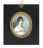 George Engleheart, A Lady, wearing white dress, pearl jewellery, her brown hair curled and upswept, rectangular papier-mache frame, oval, 9 x 7.5cm (3 9/16 x 2 15/16in).