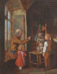 John Henry Dell, Teaching the dog to beg, oil on panel,
