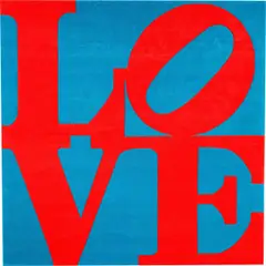 Robert Indiana, Chosen Love“ (Red on Blue Love), 1995, Handgewebter Teppich aus Wolle
