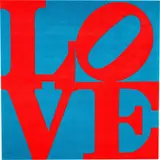 Robert Indiana, Chosen Love“ (Red on Blue Love), 1995, Handgewebter Teppich aus Wolle