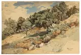 Viktor Paul Mohn, Landschaft bei Olevano, 1866, Aquarell und Feder in Schwarz auf Papier, auf Karton aufgezogen
