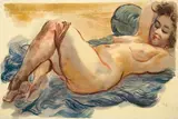 Liegender weiblicher Akt by George Grosz, 1939, Aquarell und Feder in farbigen Tuschen auf Papier, auf Pappe aufgezogen, sold Jun 2010