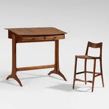 Drafting table and chair by Sam Maloof, 1992, carved walnut, ebony, sold Nov 2019