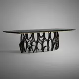 Rare dining table by Paul Evans, c. 1968, torch-cut, welded and enameled steel, gilt wood, cleft slate, sold Nov 2019